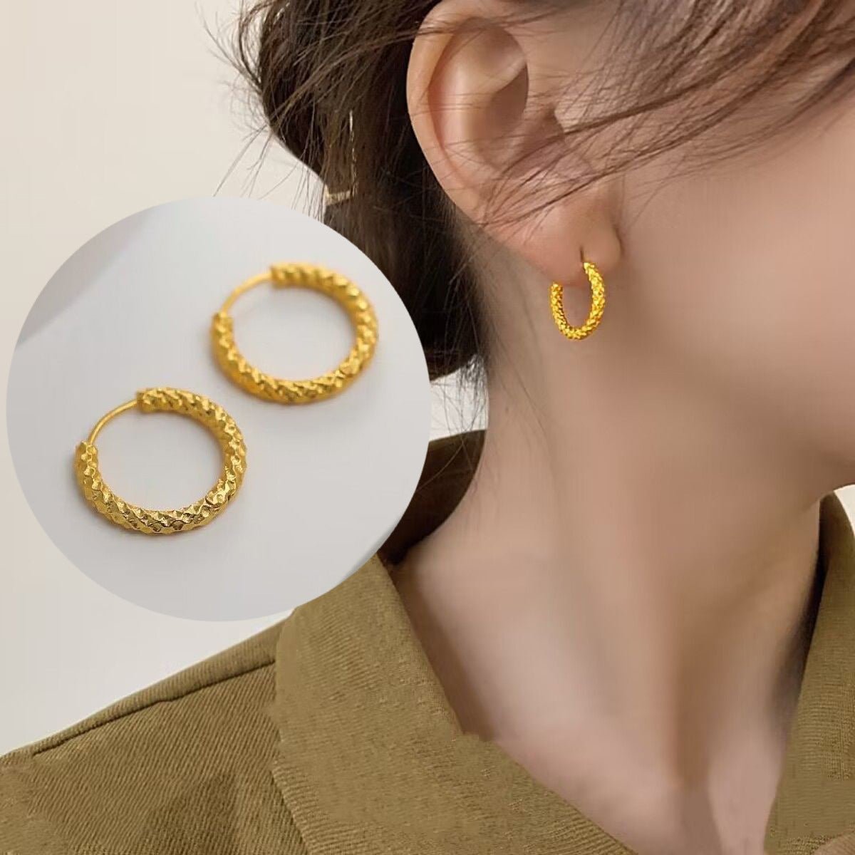 Personalized Gypsophila Embossed Circle Deep Gold Ear Clips - Zambeel
