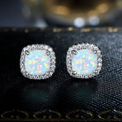 Platinum White Australian Opal Four - Prong Square Spiral Earrings - Zambeel