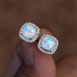 Platinum White Australian Opal Four - Prong Square Spiral Earrings - Zambeel