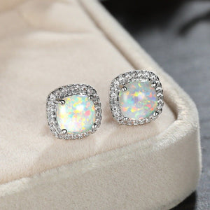 Platinum White Australian Opal Four - Prong Square Spiral Earrings - Zambeel