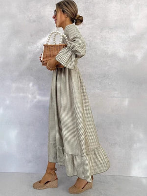 Puff - sleeve Plaid Dress New European And American Style Women's Wear - Zambeel