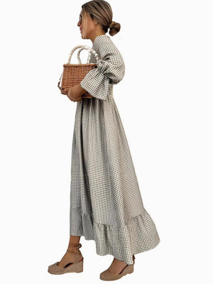 Puff - sleeve Plaid Dress New European And American Style Women's Wear - Zambeel