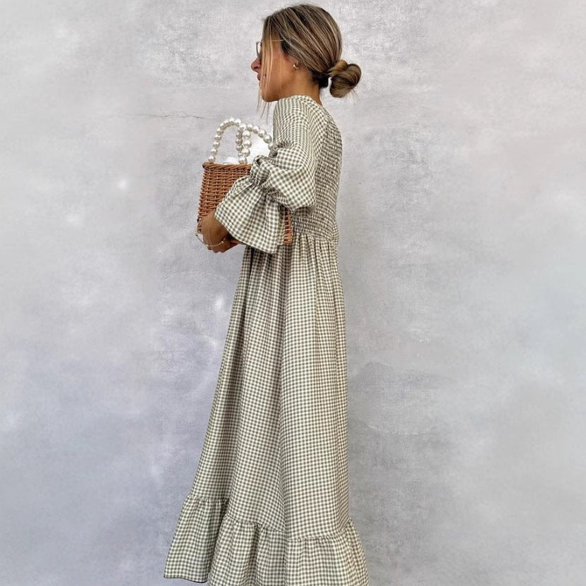 Puff - sleeve Plaid Dress New European And American Style Women's Wear - Zambeel
