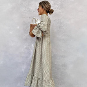 Puff - sleeve Plaid Dress New European And American Style Women's Wear - Zambeel