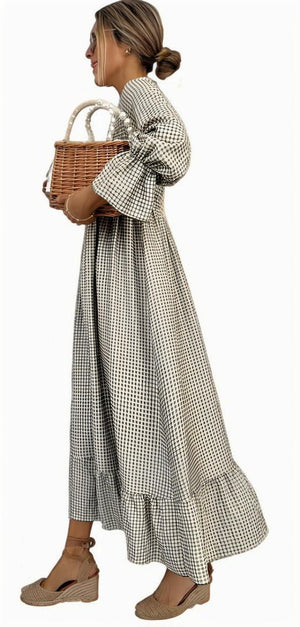Puff - sleeve Plaid Dress New European And American Style Women's Wear - Zambeel