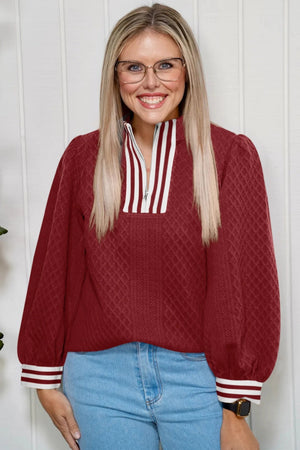 Racing Red Diamond - Texture Striped Patchwork Zip - Neck Pullover Sweater - Zambeel