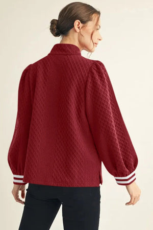 Racing Red Diamond - Texture Striped Patchwork Zip - Neck Pullover Sweater - Zambeel