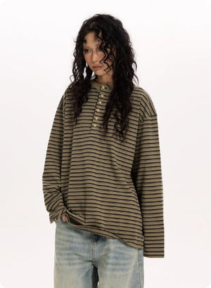 Retro Classic Striped Simple Long - sleeved Shirt Relaxed Feel - Zambeel