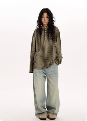Retro Classic Striped Simple Long - sleeved Shirt Relaxed Feel - Zambeel