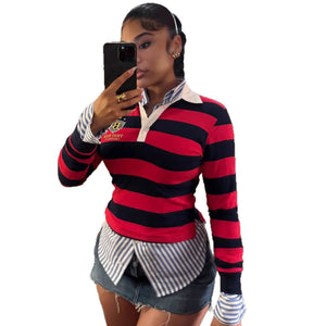 Retro Contrasting Color Embroidered Design Lapel Hoodie Top - Zambeel