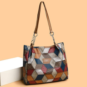 Retro Geometric Pattern Color - matching Shoulder Bag Fashion Large Capacity Stitching Handbag For Women Totes - Zambeel