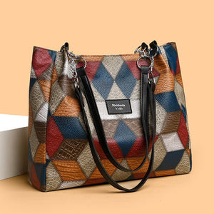 Retro Geometric Pattern Color - matching Shoulder Bag Fashion Large Capacity Stitching Handbag For Women Totes - Zambeel