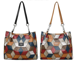 Retro Geometric Pattern Color - matching Shoulder Bag Fashion Large Capacity Stitching Handbag For Women Totes - Zambeel