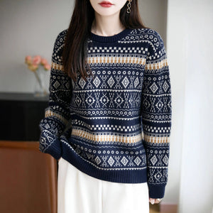 Retro Jacquard Crew - Neck Pullover Fair Isle Thickened Sweater - Zambeel