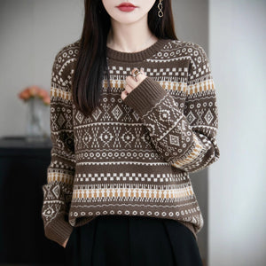 Retro Jacquard Crew - Neck Pullover Fair Isle Thickened Sweater - Zambeel