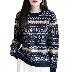 Retro Jacquard Crew - Neck Pullover Fair Isle Thickened Sweater - Zambeel