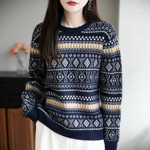 Retro Jacquard Crew - Neck Pullover Fair Isle Thickened Sweater - Zambeel