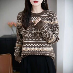 Retro Jacquard Crew - Neck Pullover Fair Isle Thickened Sweater - Zambeel