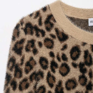 Retro Leopard - Print Crew - Neck Cropped Knitted Sweater - Zambeel