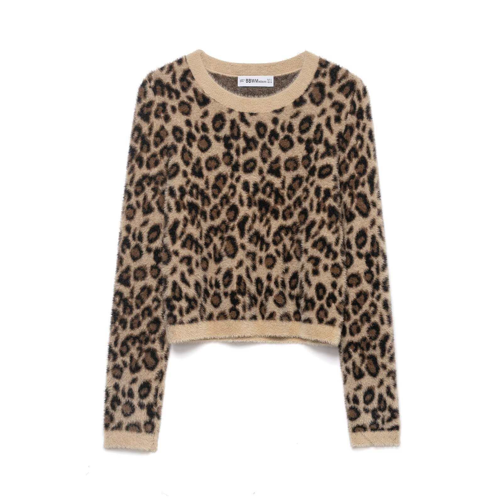 Retro Leopard - Print Crew - Neck Cropped Knitted Sweater - Zambeel