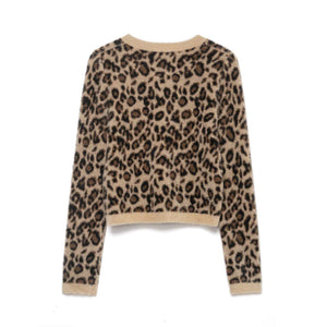 Retro Leopard - Print Crew - Neck Cropped Knitted Sweater - Zambeel