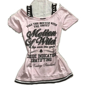 Retro Patchwork Striped Shoulder Strap T-Shirt With Letter Print Slim - Fit Short - Sleeve For Trendy - Zambeel