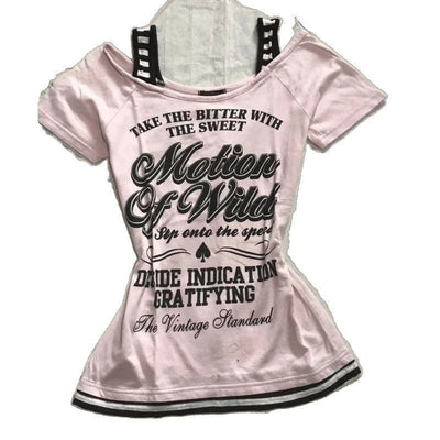 Retro Patchwork Striped Shoulder Strap T-Shirt With Letter Print Slim - Fit Short - Sleeve For Trendy - Zambeel