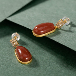 Retro S925 Silver - Gilded Southern Red Agate Lucky Bean Earrings For Women - Zambeel