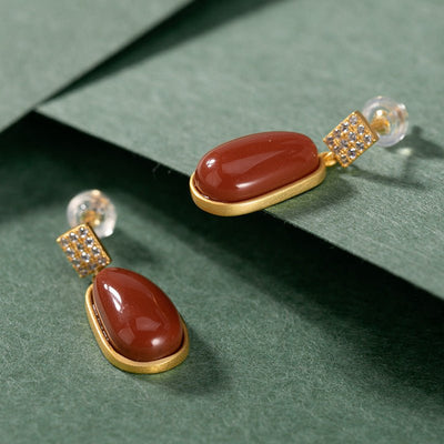 Retro S925 Silver - Gilded Southern Red Agate Lucky Bean Earrings For Women - Zambeel