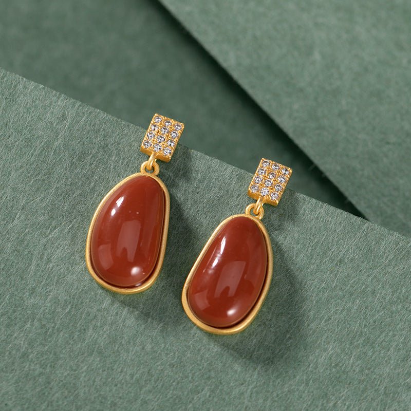 Retro S925 Silver - Gilded Southern Red Agate Lucky Bean Earrings For Women - Zambeel
