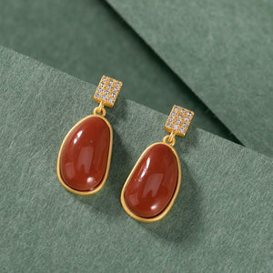 Retro S925 Silver - Gilded Southern Red Agate Lucky Bean Earrings For Women - Zambeel