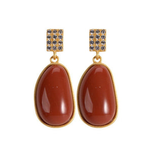 Retro S925 Silver - Gilded Southern Red Agate Lucky Bean Earrings For Women - Zambeel