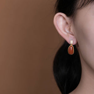 Retro S925 Silver - Gilded Southern Red Agate Lucky Bean Earrings For Women - Zambeel