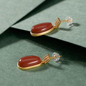 Retro S925 Silver - Gilded Southern Red Agate Lucky Bean Earrings For Women - Zambeel