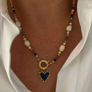 Retro Stainless Steel Heart Pendant Necklace With Natural Stones - Zambeel