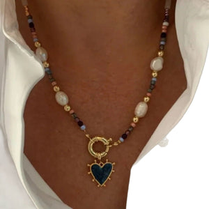 Retro Stainless Steel Heart Pendant Necklace With Natural Stones - Zambeel