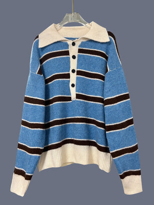 Retro Striped Half - button Polo - neck Sweater For Women - Zambeel