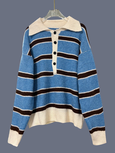 Retro Striped Half - button Polo - neck Sweater For Women - Zambeel