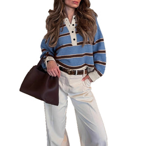 Retro Striped Half - button Polo - neck Sweater For Women - Zambeel