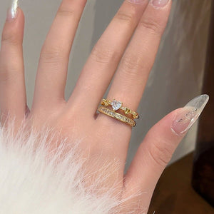 Rhinestone Loving Heart Zircon Ring Female Dual Layer Open - end - Zambeel