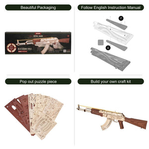 Robotime Rokr Automatic Rifle AK - 47 3D Wooden Assembly Gun Double Firing Modes Funny DIY Toys For Kids Adults Justice Guar LQ901 - Zambeel