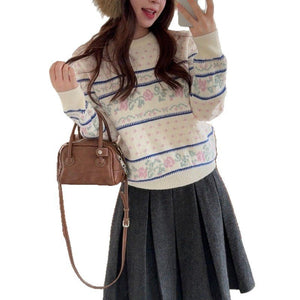 Round - Neck Rose Jacquard Knit Sweater Loose - Fit Pullover - Zambeel