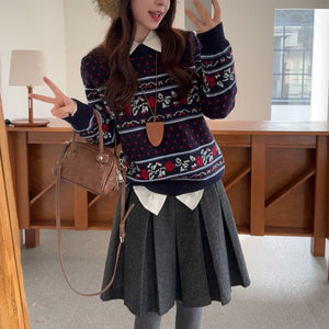 Round - Neck Rose Jacquard Knit Sweater Loose - Fit Pullover - Zambeel