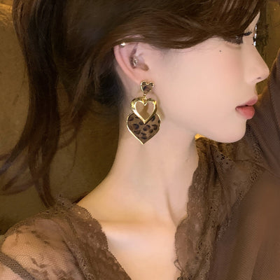 Silver Needle Heart - Shaped Leopard - Print Pendant Earrings - Zambeel
