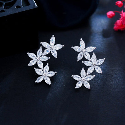 Silver - Plated Cubic Zirconia Cluster Flower And Leaf Stud Earrings - Zambeel