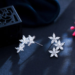 Silver - Plated Cubic Zirconia Cluster Flower And Leaf Stud Earrings - Zambeel