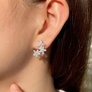 Silver - Plated Cubic Zirconia Cluster Flower And Leaf Stud Earrings - Zambeel