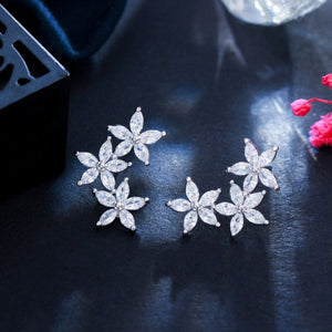 Silver - Plated Cubic Zirconia Cluster Flower And Leaf Stud Earrings - Zambeel