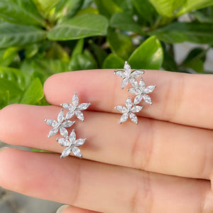 Silver - Plated Cubic Zirconia Cluster Flower And Leaf Stud Earrings - Zambeel
