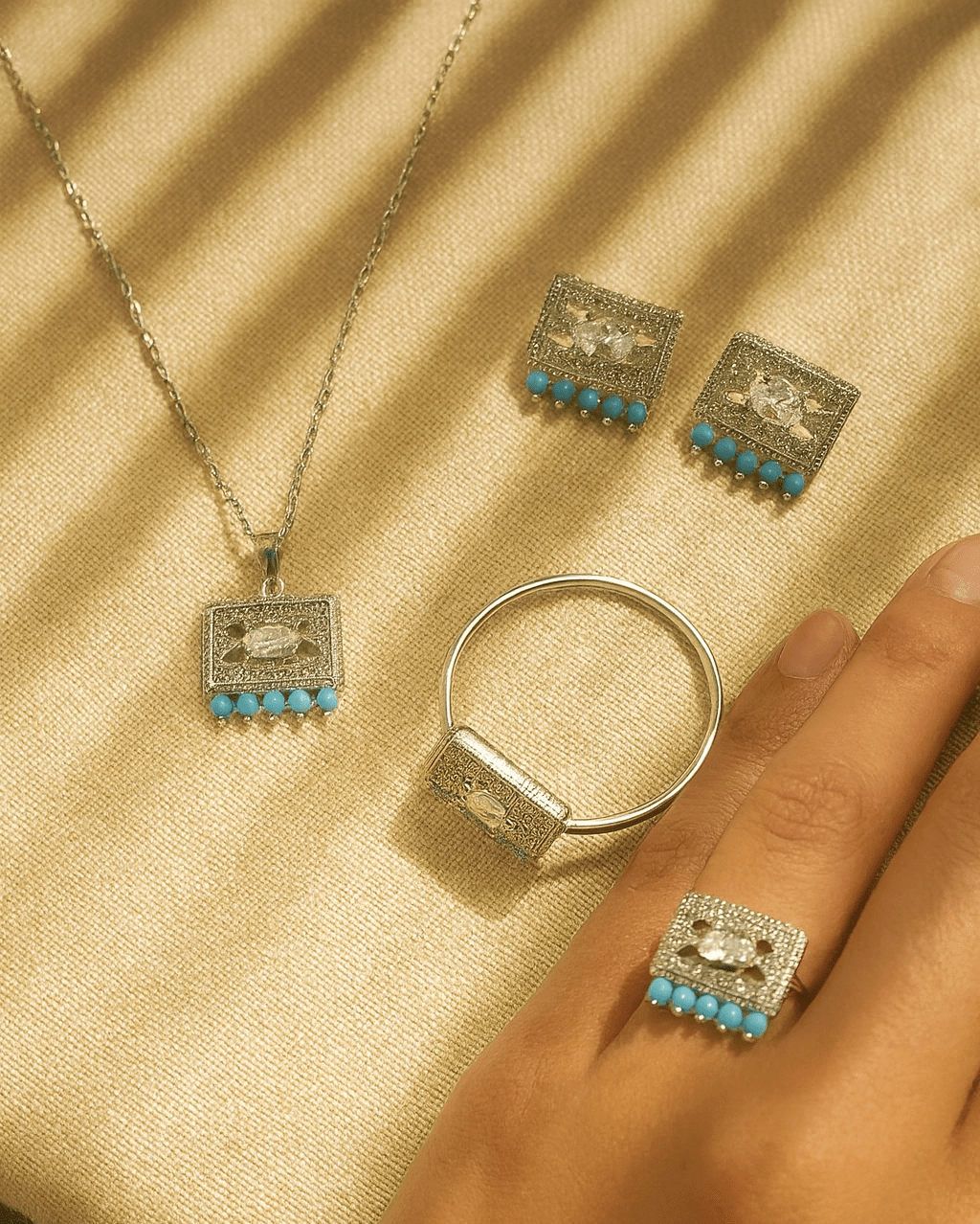Silver Rectangle Crystal & Pearl Jewelry Set - Zambeel